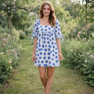 Hayden Girls Blue Daisy Floral Square Neck Tie Sleeve Mini Dress Size Large